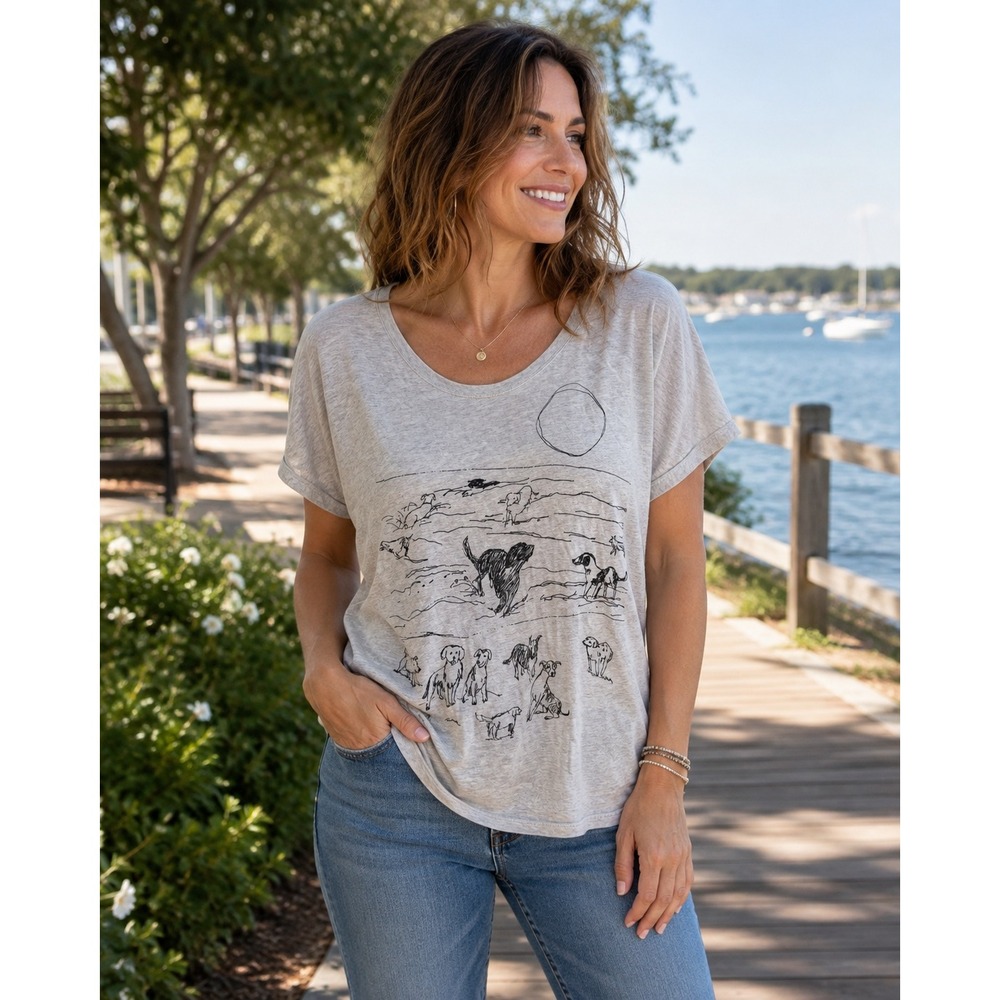 Marushka Dog Graphic Tee Large Heather Gray Novelty Scoop Neck Short Sleeve Top